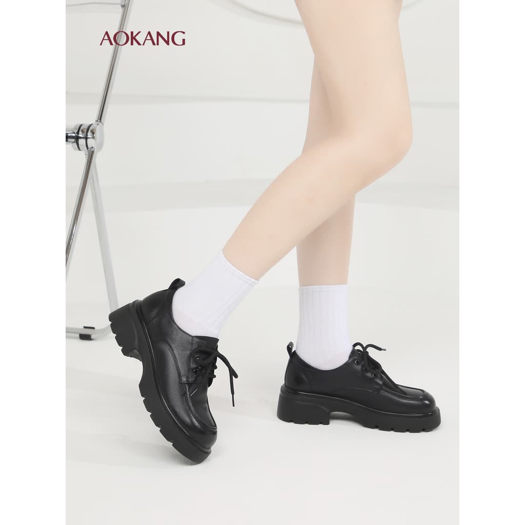 Okcom sapatos femininos 2026 novo estilo primavera couro genuíno sola grossa All-Match estilo britânico rendas pequenos