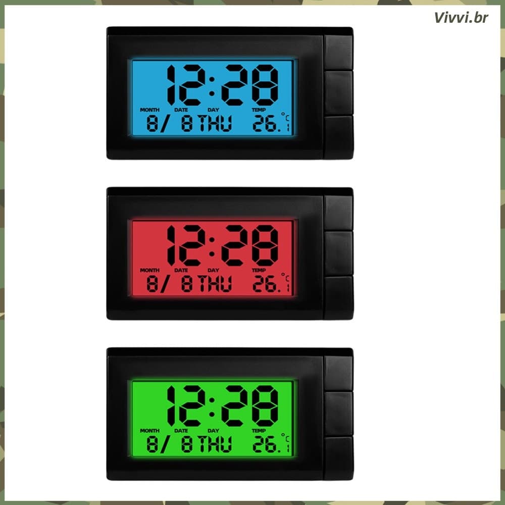 Relógio Digital para Carro com Termômetro 2 em 1 Display LCD Luz de Fundo LED Painel