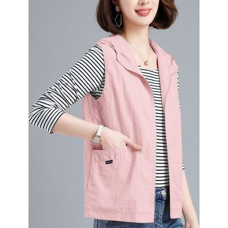 Colete feminino curto verão 2026 novo estilo mãe de meia-idade Casual com capuz protetor solar jogo exterior primavera v