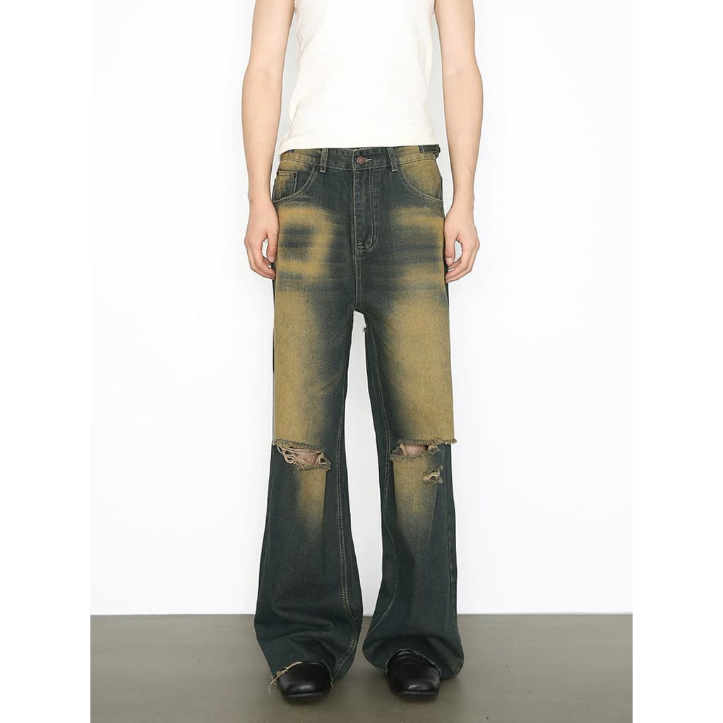 Design sentido rasgado Retro solto novo estilo Jeans em linha reta mendigo calças rufião bonito frito rua Wear calças de
