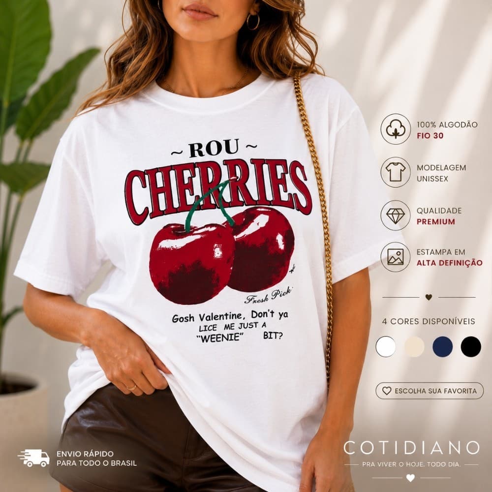 Camiseta Camisa T-Shirt Feminina 100% Algodão Cherries Moda Gringa Tendência Blusa Estampada