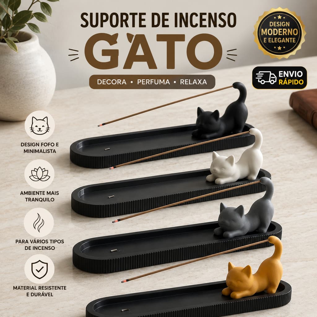 Porta Incenso Incensário Queimador Gato Moderno Decorativo Suporte