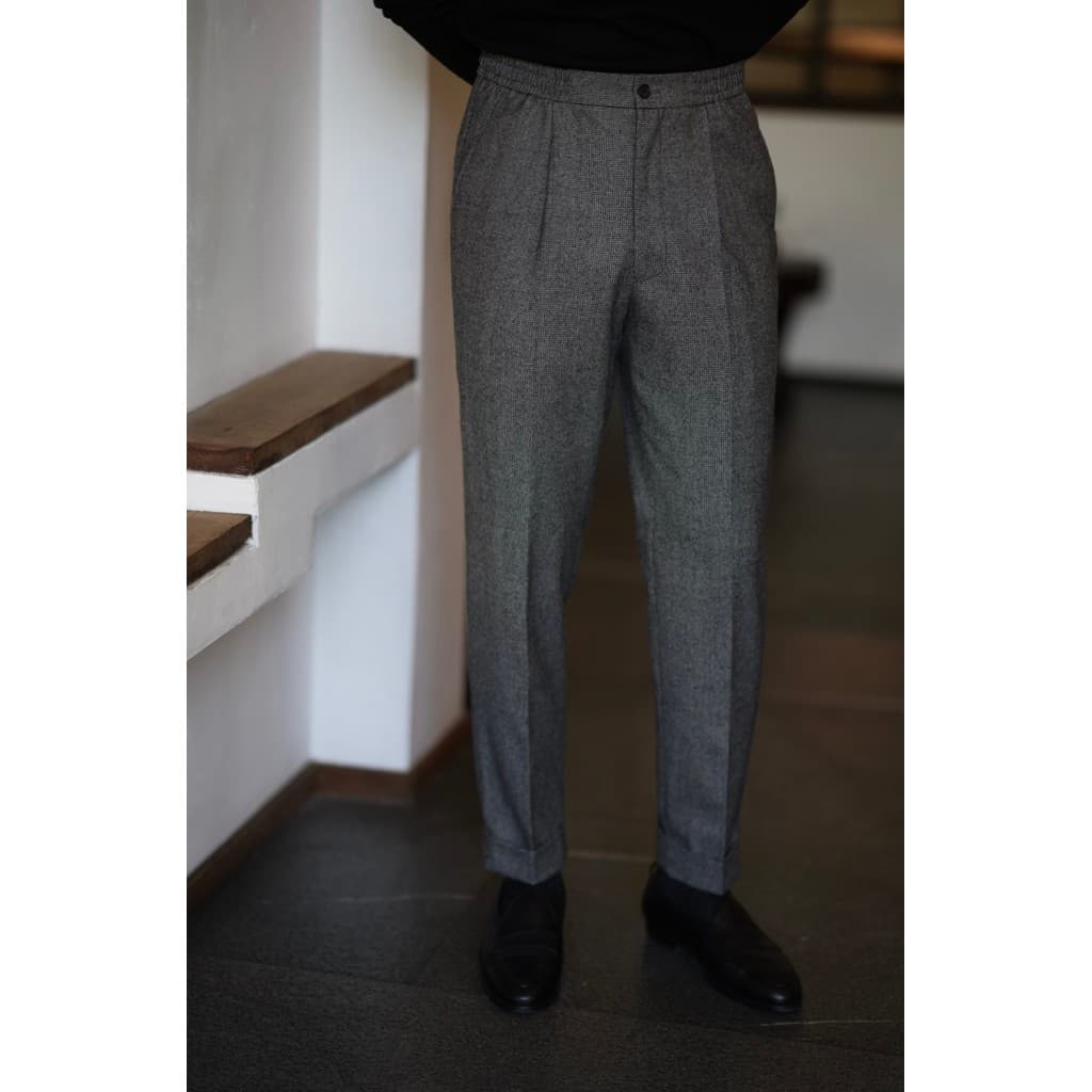 Flanela italiana 120S clássico pequeno Houndstooth cintura elástica calças casuais calças de lã com punho reto