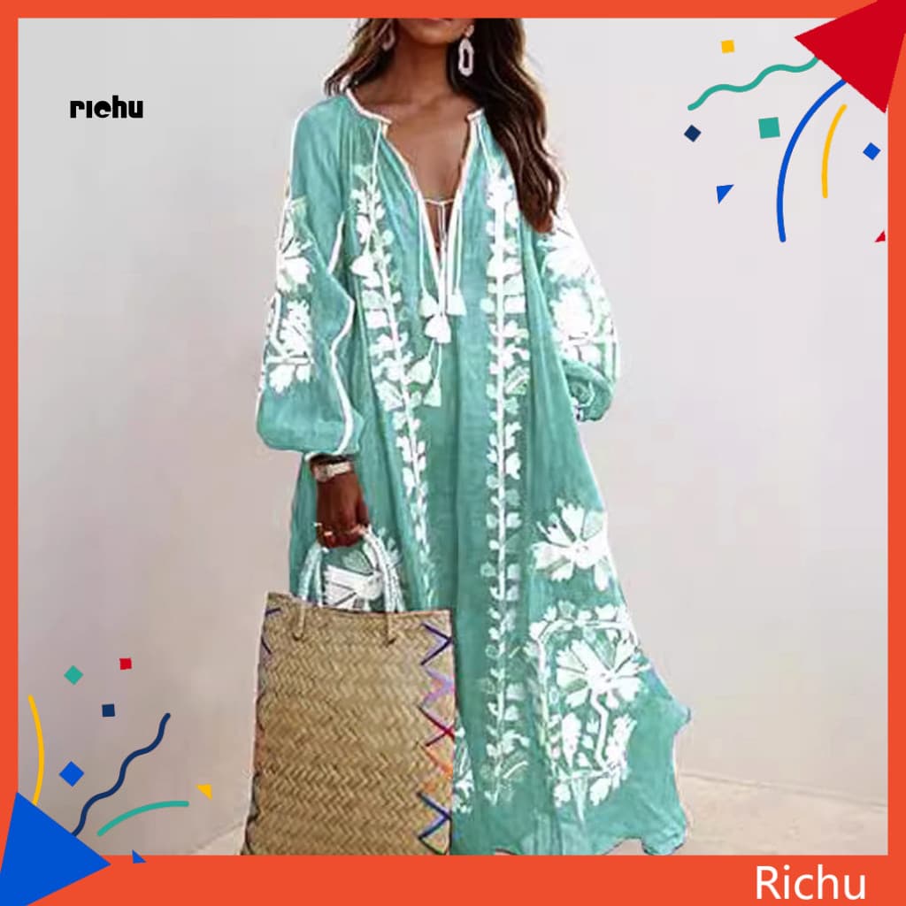 A-line Beach Dress Long Summer Women’s Bohemian Maxi – V Neck Sleeve Tassel Detail Oversized Flowing Floral Print Va