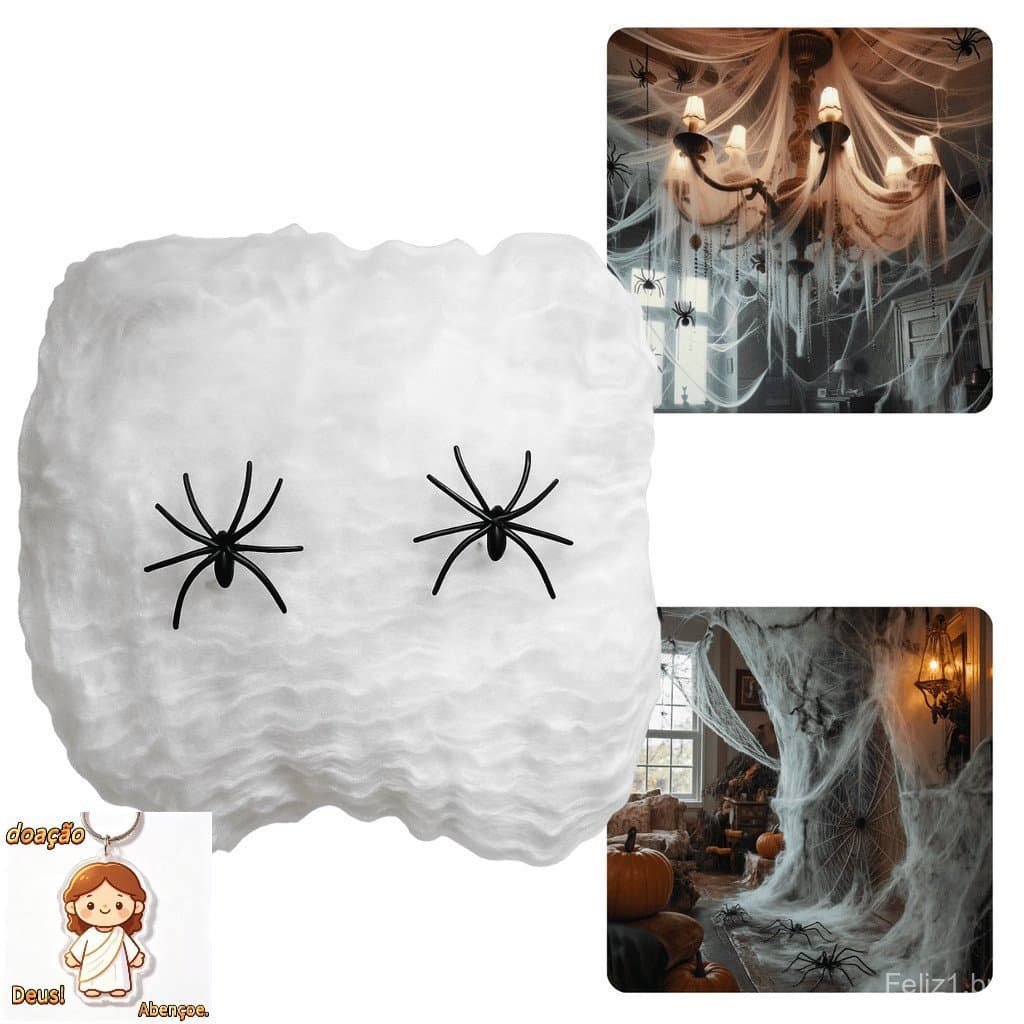Kit 10 Telas de Aranha Artificiais + 20 Mini Aranhas - Decoração de Halloween e Artigos para Festa