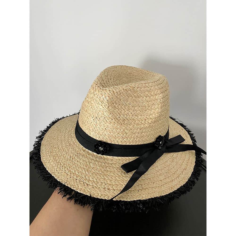 Nicho borda preta ráfia chapéu de palha feminino verão férias viagem guarda-sol chapéu panamá arco flor Jazz chapéu