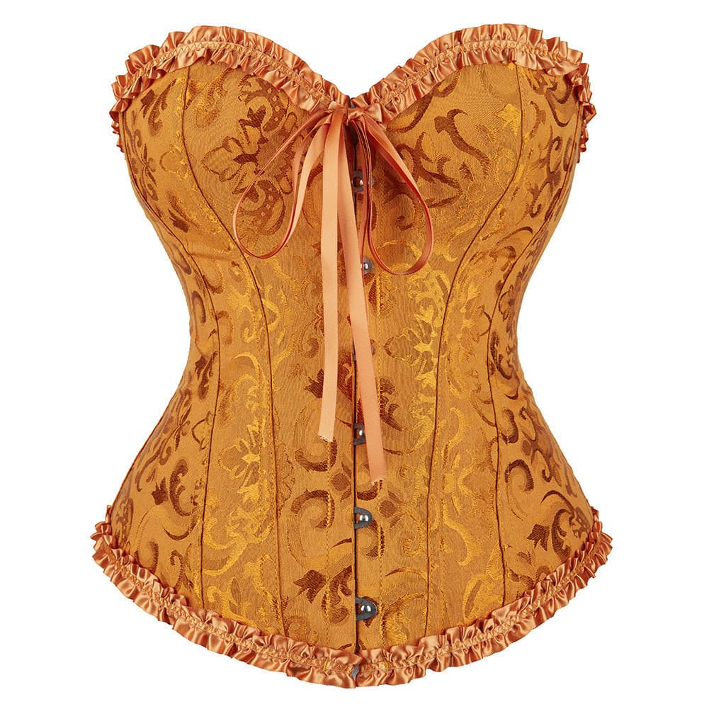 Este top corset é um bustiê feminino, feito de renda sensual, cetim e tecido laranja.   IQQY