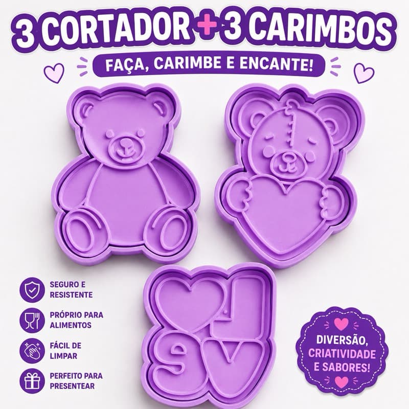 Kit Cortador de Biscoito com Carimbo e puxador Ursinho Love 3 Modelos Confeitaria Dia dos namoados pasta americana