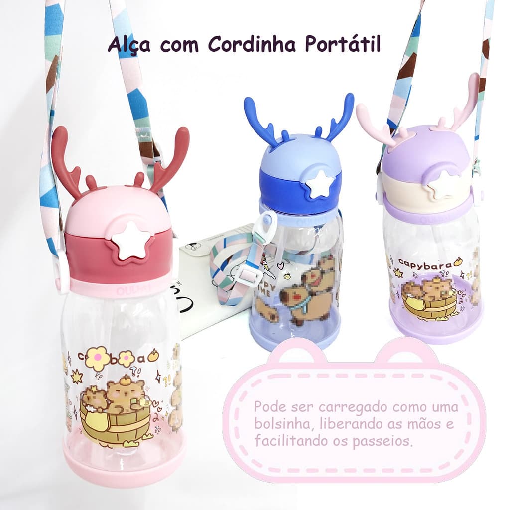 Copo Infantil com Canudo e Alça Capivara 600ml Design Encantador Chifrinho Fofo