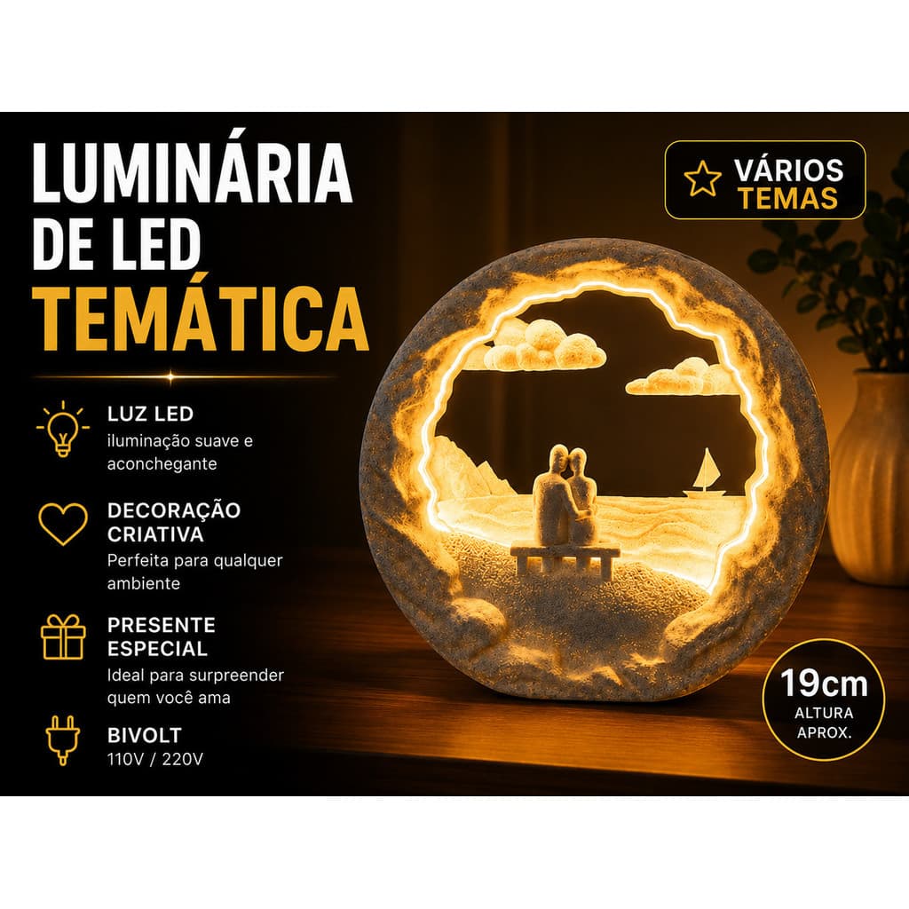 Luminária de Mesa LED Decorativa 19cm Bivolt Abajur Luz Noturna Quarto Presente Temática