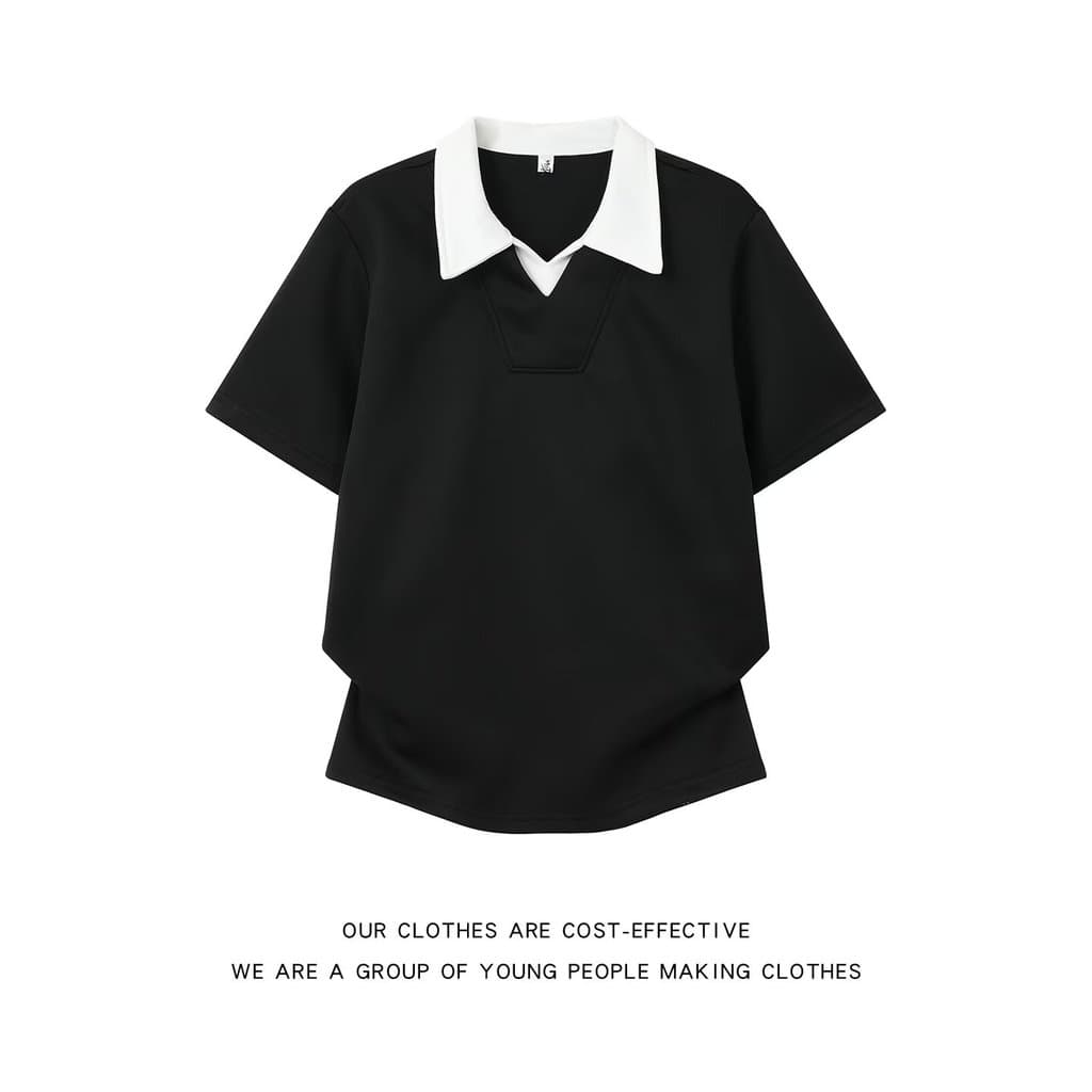 Falso de duas peças estilo Preppy com decote em V camisa polo de manga curta masculina verão pulôver americano Casual me