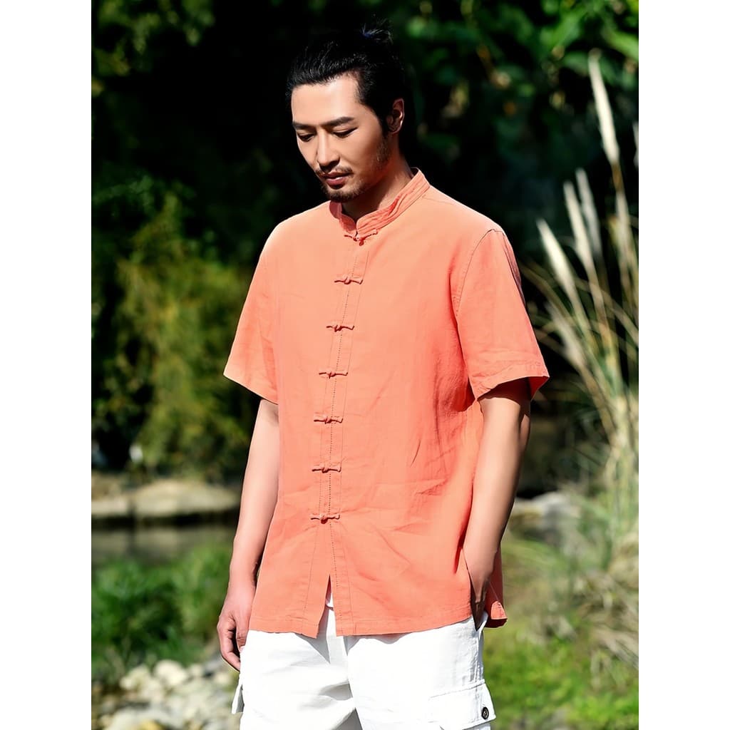 Nan Tang terno estilo chinês camisa Ramie masculina de manga curta solta camisa Casual botão verão linho topo Preface