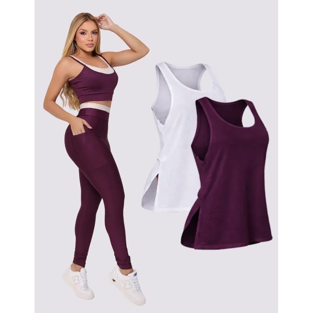 Kit Fitness Feminino Academia 3 Peças Top + Regata Dry Fit + Calça Legging Cintura Alta ASD