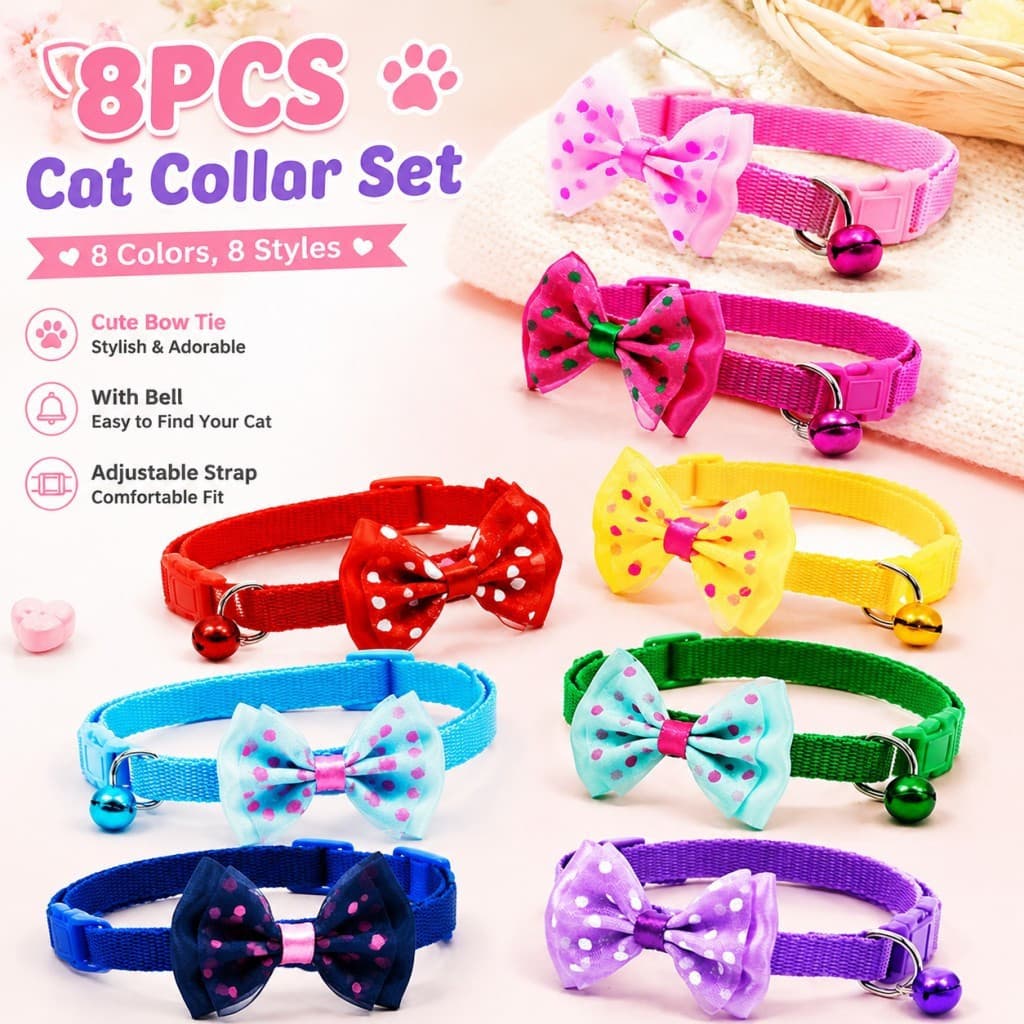 Coleira para Gato com Sino, Conjunto de 8 Peças, Laço Ajustável, Coleira Fofa para Gatinhos e Gatos Pequenos