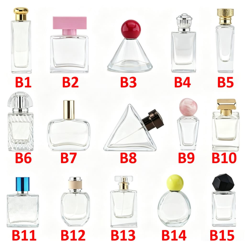 30 tipos de frascos de perfume, 50ml, frascos de vidro vazios com tampa de encaixe, embalagem a granel ZVOH