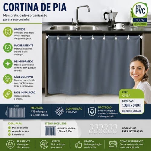 Cortina para Pia de Cozinha Cuisina Chic Cinza Organizadora Moderna