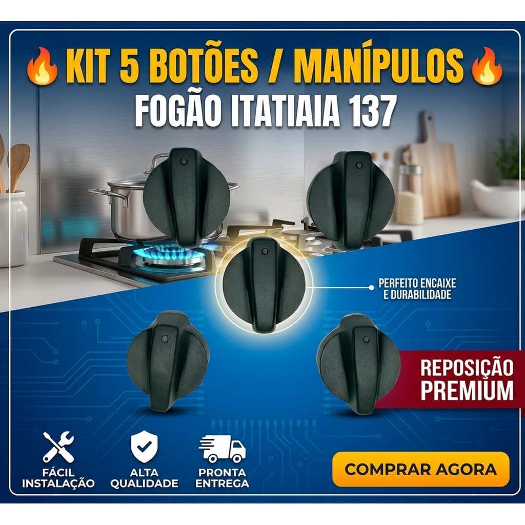 Kit 5 Botões Manípulos Fogão Itatiaia 137 Preto Reposição Original Compatível