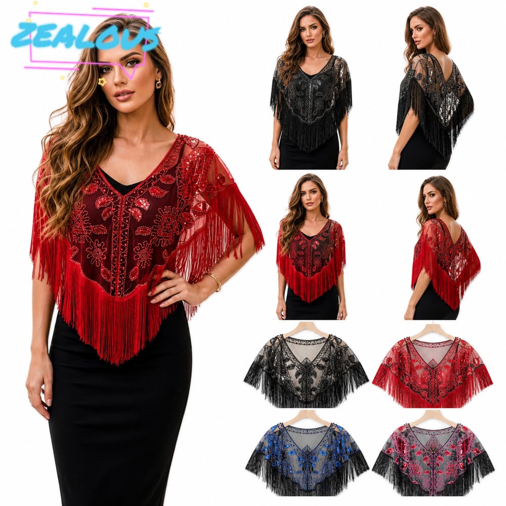 ZEALOUSSS Capa Cover Up , De Malha Xale De Lantejoulas , Com Borla Tule Franja