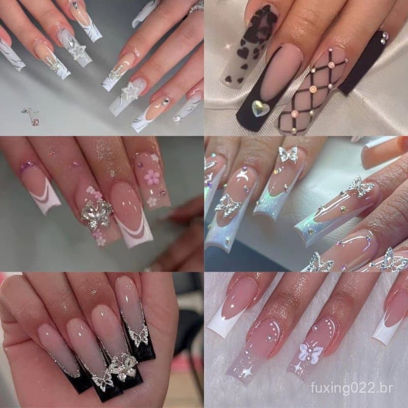 unhas postiças decoradas francesinha quadrado Com Cola Pregos Falsos De Amante Estilo 19