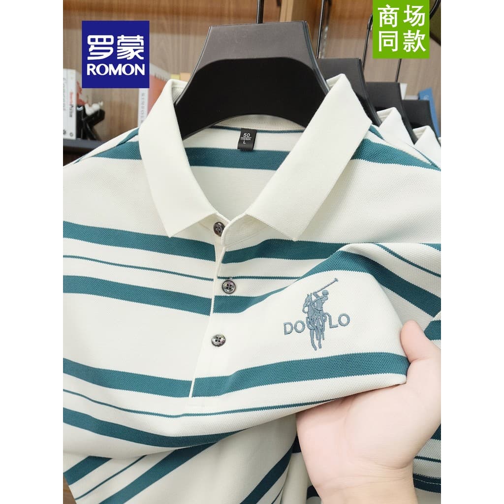 Lomon 2026 verão novo estilo masculino algodão manga curta negócios Casual lapela listrado bordado camisa POLO topo