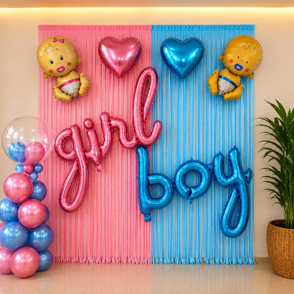 Kit Chá Revelação Girl ou Boy Decoração Festa 1 Cortina Tirinhas Rosa/Azul Balões Bebê Menino Menina