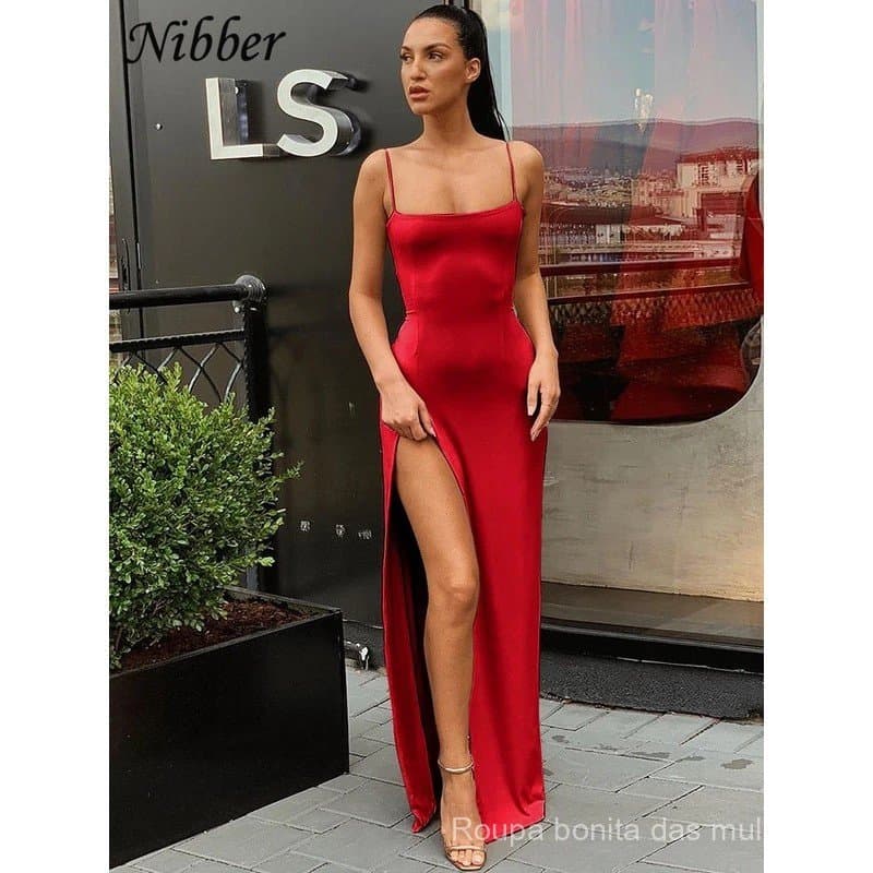 Vestidos longos femininos vermelho e preto para festas de Natal e Ano Novo, estilo bodycon básico com amarração, elástic