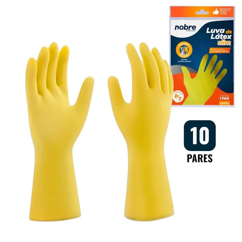 Kit 10 Pares de Luvas Nobre Látex P p/ Agentes Químicos Resistente e Segura Amarelo