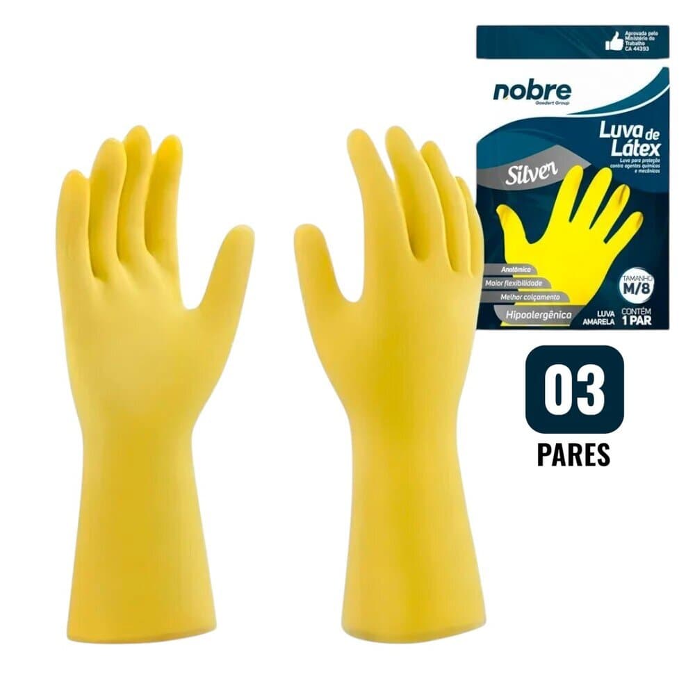 Kit 3 Pares de Luvas Nobre Borracha/Látex Hipoalergênica M Amarela Nobre Silver Louças Cozinha