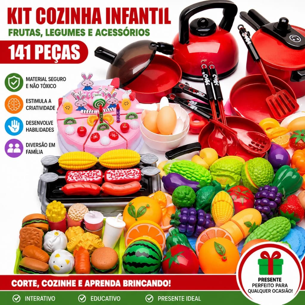 141 Pçs Brinquedos Cozinha Infantil Kit Frutas Legumes Cortar Modelo Educativo Crianças Presente Natal Interativo Seguro