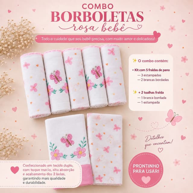 Kit 7 Peças Borboletas Rosa 5 Fraldinhas e 2 Toalhas Fralda Combo Bebês Menina Enxoval Feminino