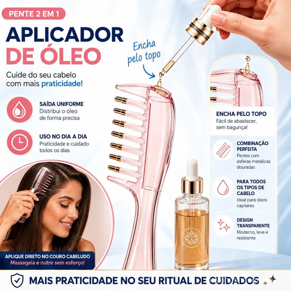 Pente Capilar Roll-On Massageador Aplicador de Sérum Tônico para Couro Cabeludo Raiz e Cuidado Diário