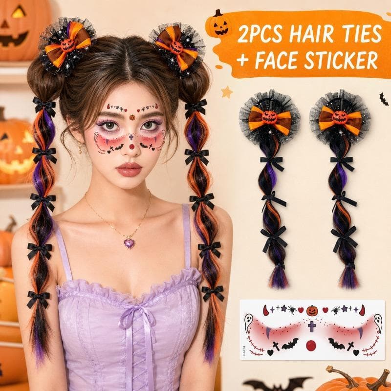 Conjunto De Tranças E Adesivos De Rosto Para Peruca De Halloween , Laço De Cabelo De Rabo De Cavalo Duplo , Acessórios F