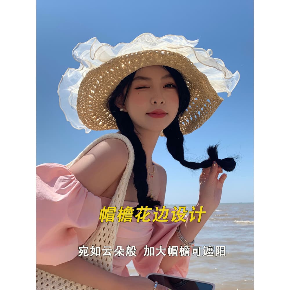 Versão coreana chapéu de palha flor borda praia chapéu de palha feminino verão férias viagem protetor solar chapéu de so