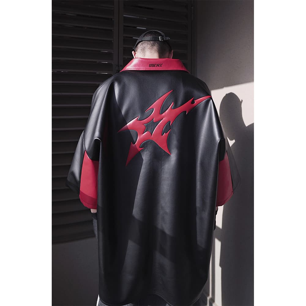 UUCSCC Hip-Hop Retro Solto Impresso Couro PU Camisa de Manga Curta Street Wear High Street oversize Camisa de Meia Manga
