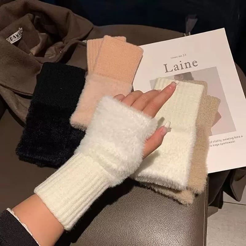 Luvas De Meio Dedo Femininas Macio Inverno Quente Luxo Sólido Branco Pelúcia Malha Sem Dedos Pulso Escrita