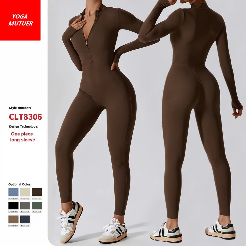 MUTUER Feminino Yoga Macacão De Manga Comprida Esportes Roupas Esportivas Com Zíper Ginásio Macacões Treino De Alta Inte