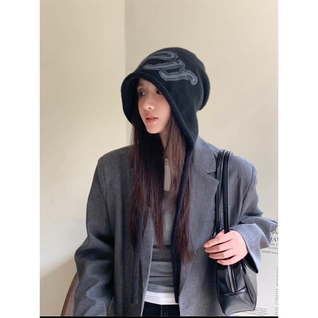 Versão coreana carta Jacquard volta divisão rendas chapéu de malha feminino outono inverno Curling Hem rosto quente pequ