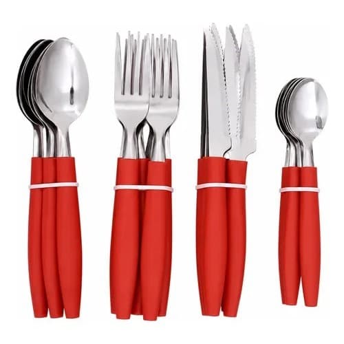 Kit Talheres 24 Peças Cabo Plástico Inox Vermelho