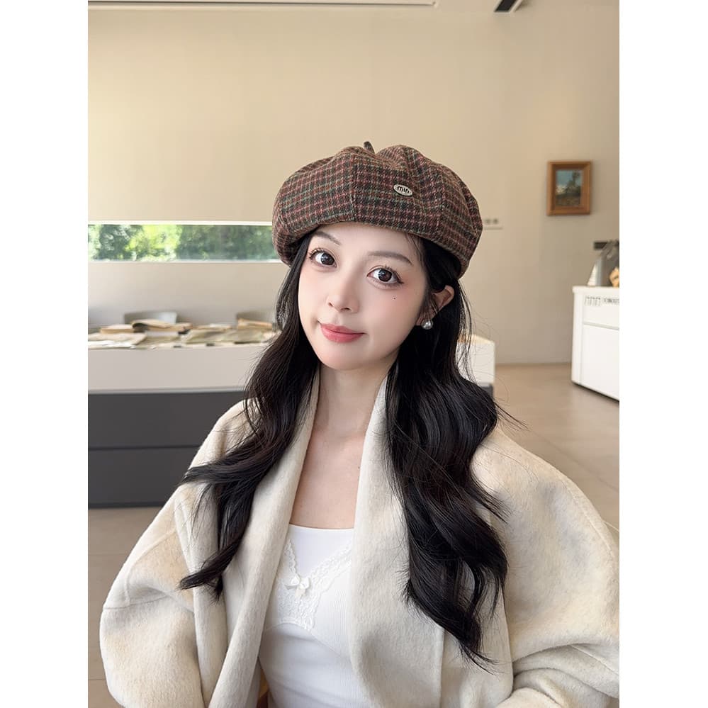 Estilo Preppy Retro outono inverno All-Match estilo boina de lã xadrez britânico grande circunferência da cabeça moda ch