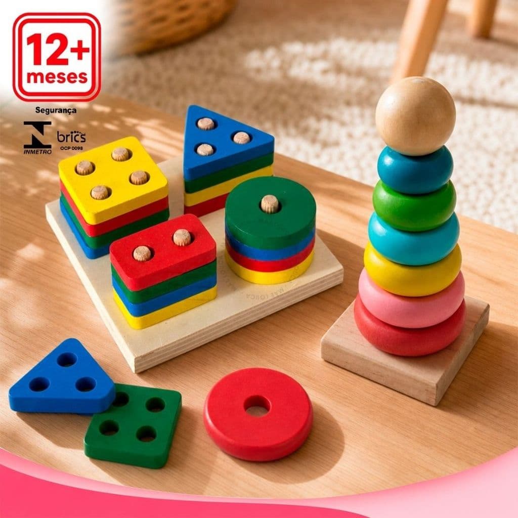 Brinquedo Infantil Educativo Madeira Encaixe Formas Geométricas Torre