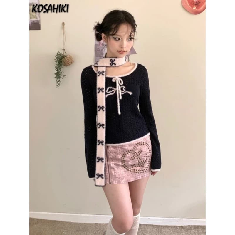 Cachecol com Estampa de Laço Estilo Y2K para Meninas, Cachecol Quente de Dupla Face, Estilo Harajuku, Cachecol Coreano F