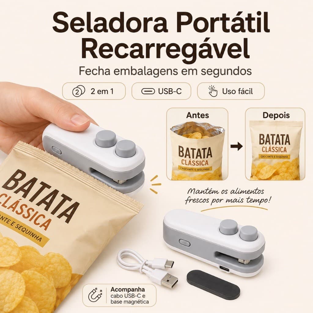 Mini Seladora Portátil 2 em 1 Recarregável USB-C com Cortador e Base Magnética para Sacos e Embalagens