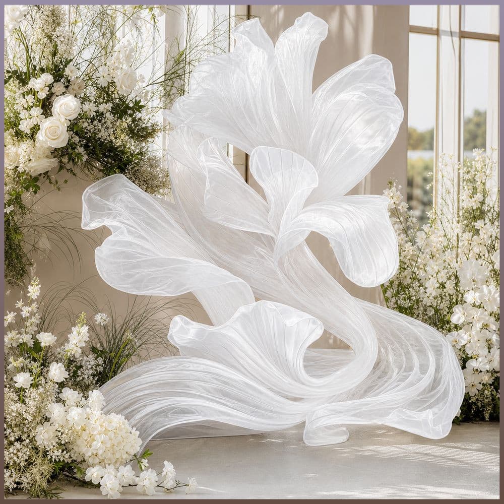 ROWANBABY Streamer De Organza Floral , Fita De Arte Com Curvas Em Forma De Onda , Decoração De Flores Gigantes Feitas À