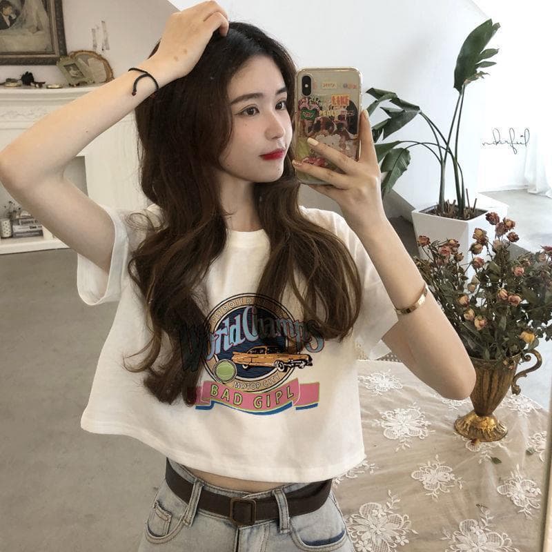 Novo branco de manga curta camiseta feminina curto topo feminino verão roupas femininas