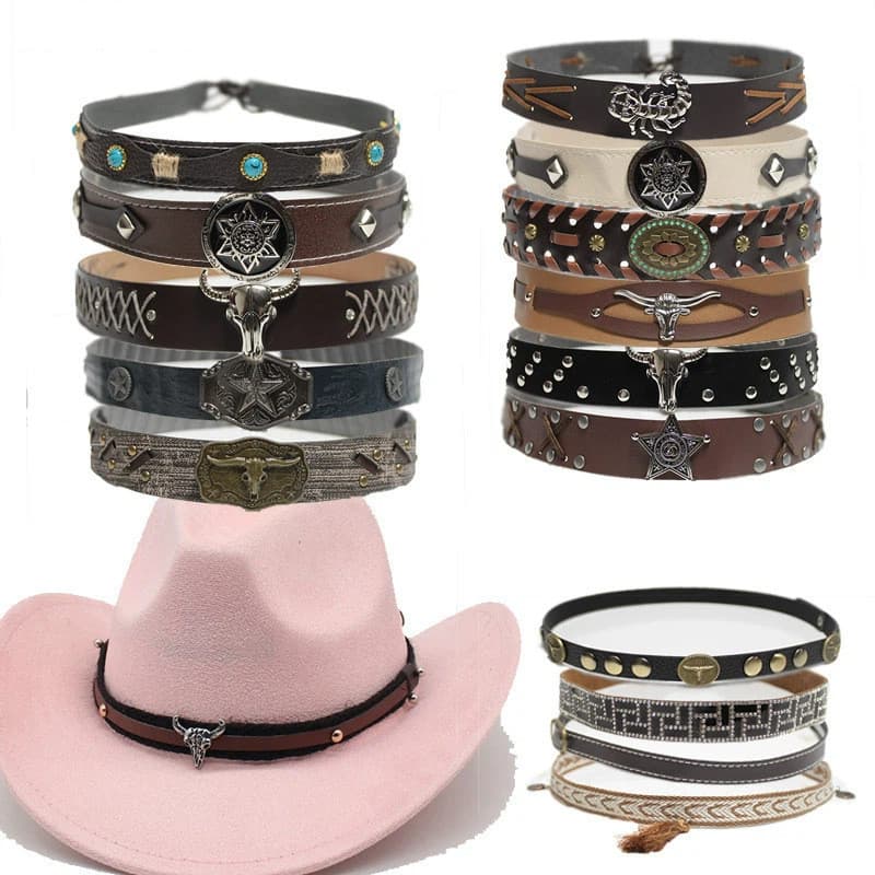 Alça de chapéu de cowboy ocidental, feita à mão, corda de Metal, cabeça de touro, decoração, couro tecido, chapéu de cow