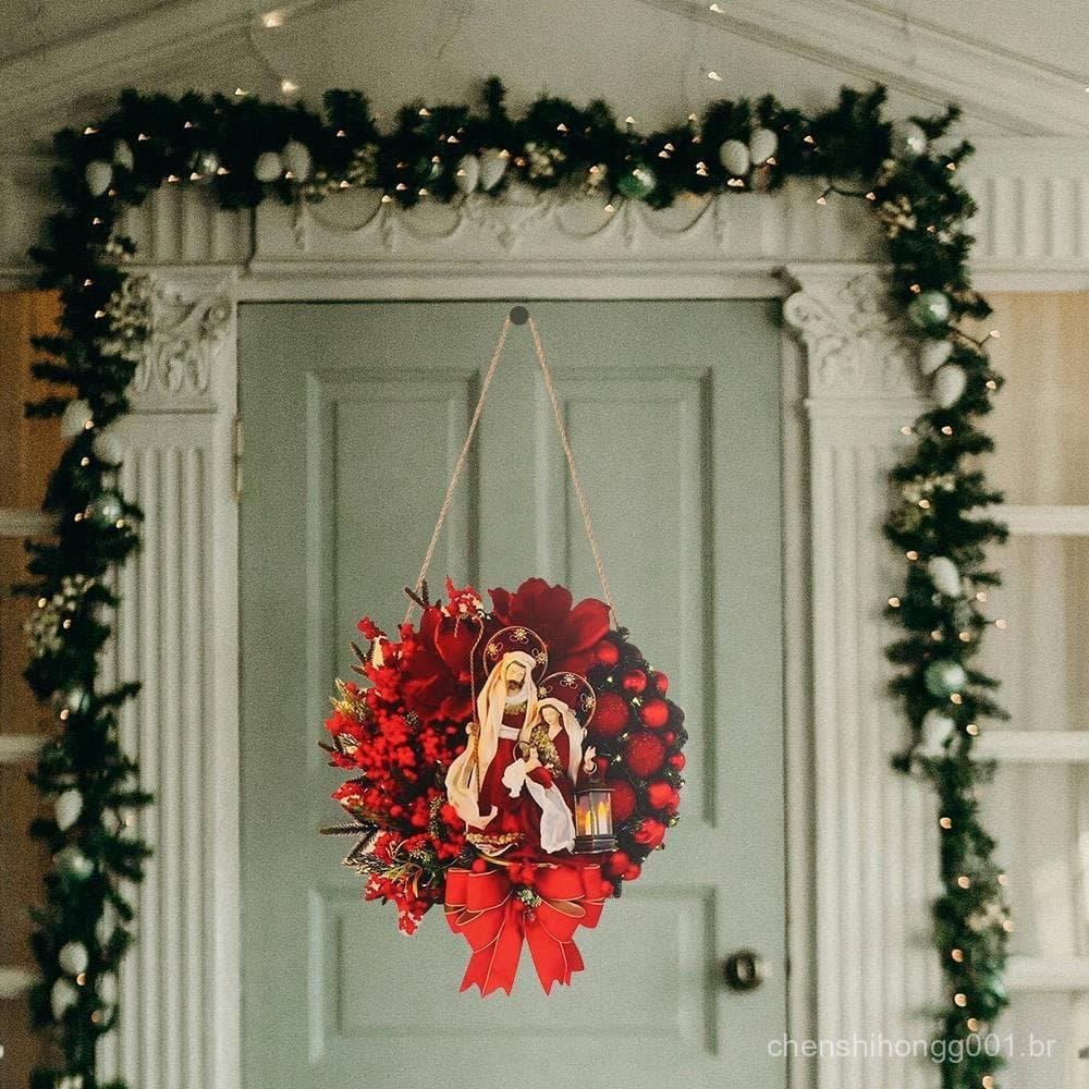 Guirlanda De Natal , Porta Vermelha Pendurada Artificial , Lâmpada De Óleo Reutilizável Enfeites Planos