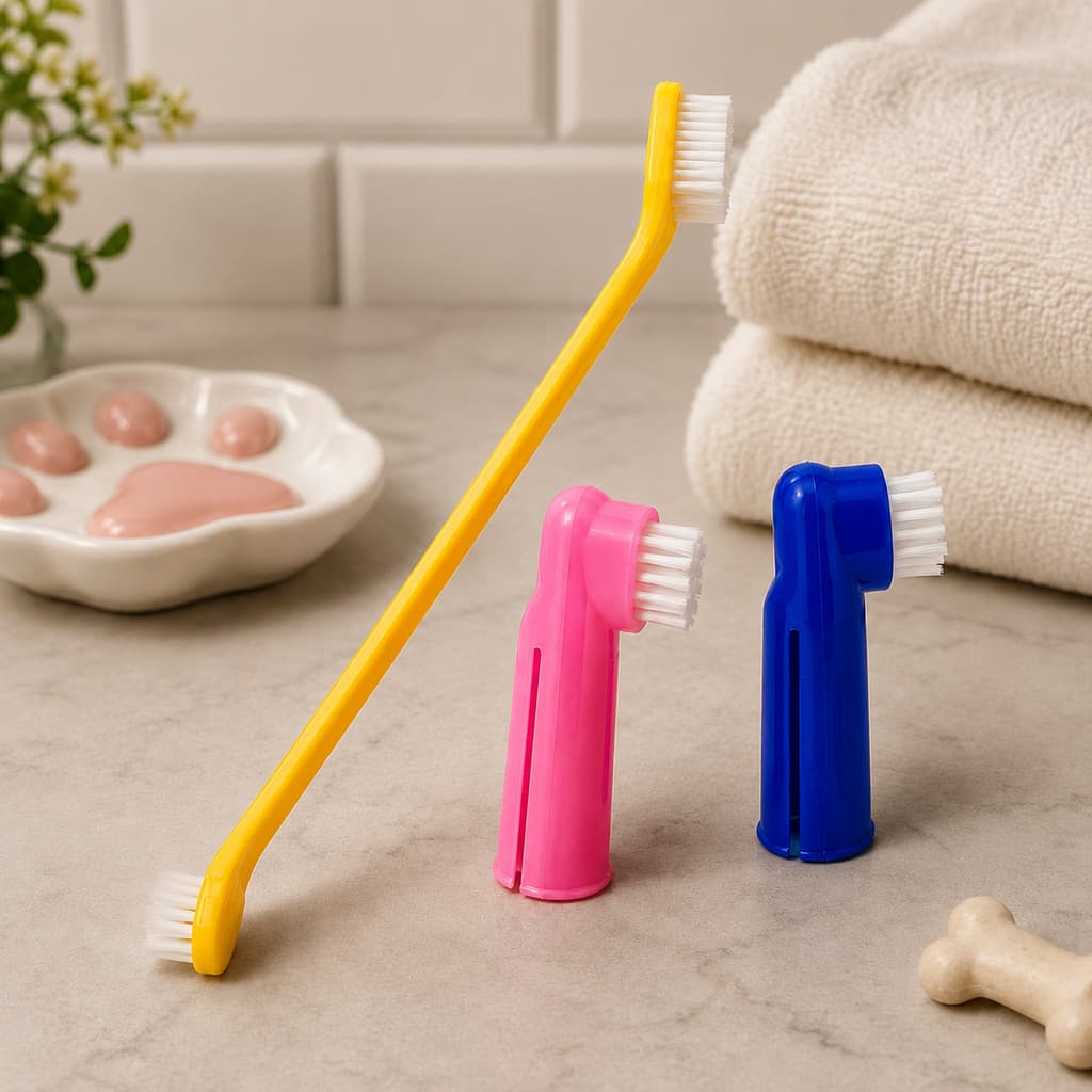 Kit Escova de Dente Pet 3 Peças Dedal Cachorro Gato + Escova Dupla Cerdas de Nylon Macias Higiene Bucal Cão Felino