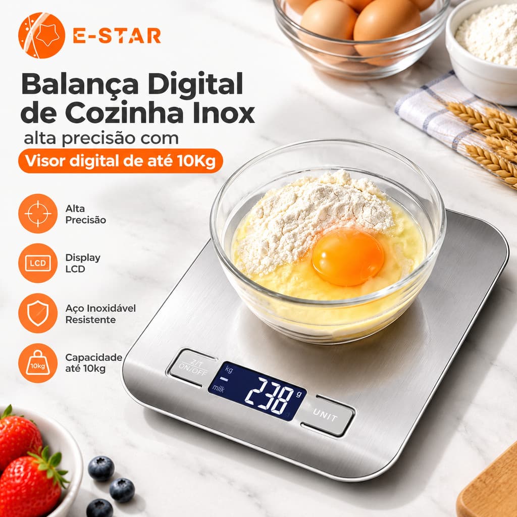 ESTAR Balança Digital de Cozinha Inox alta precisão com Visor digital de ate 10Kg