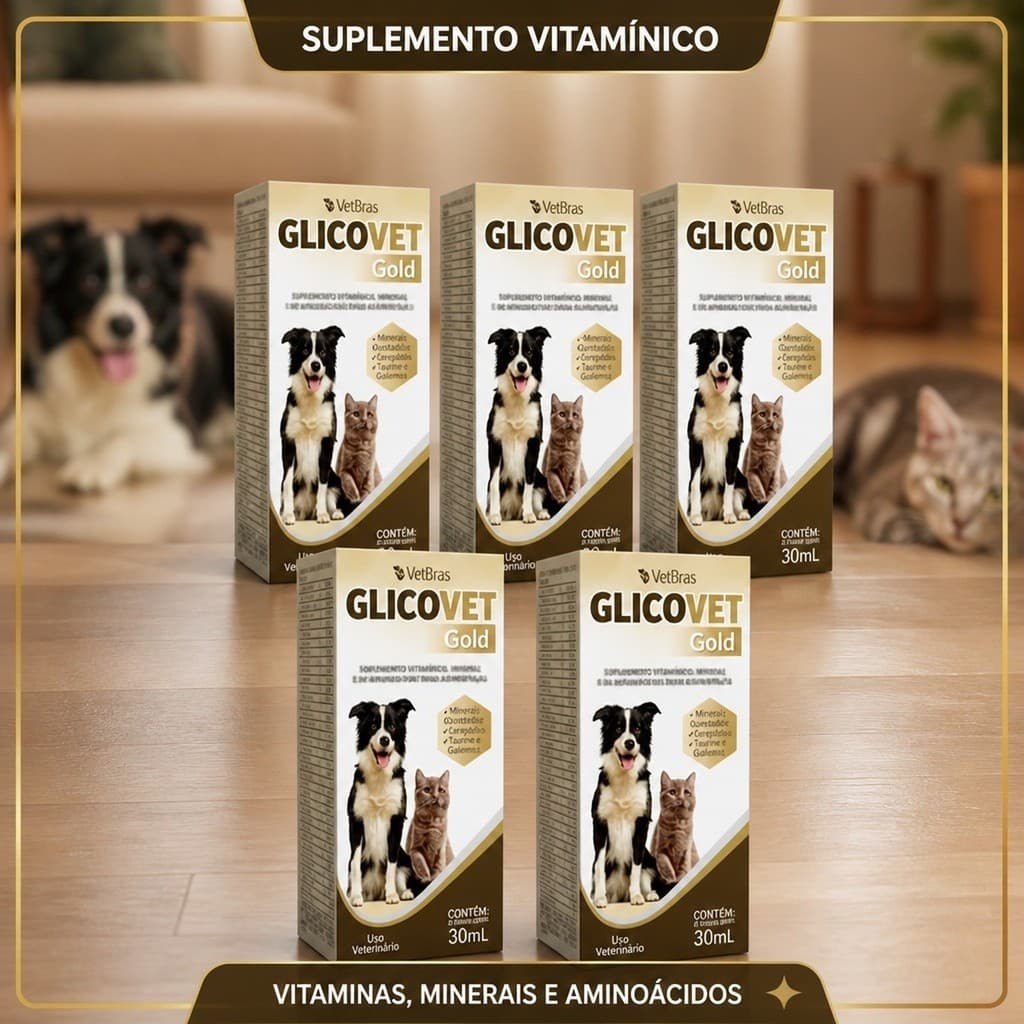 🐾Kit 5 unidades  Glicovet Gold Suplemento Vitamínico Cães e Gatos Gotas 30ml Vitaminas Aminoácidos 🐾