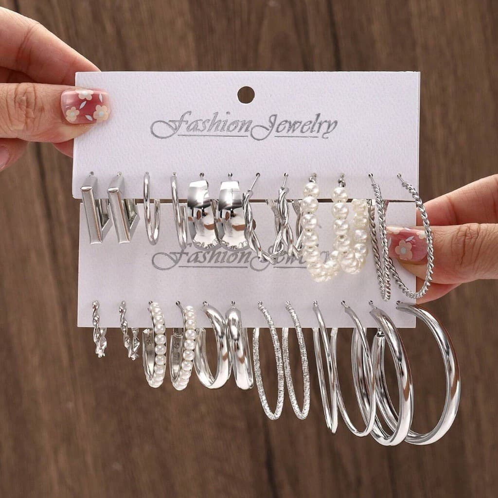 Conjunto de brincos de metal e pérolas de 6/12 peças em ouro/prata, elegantes e luxuosos, perfeitos para presentes